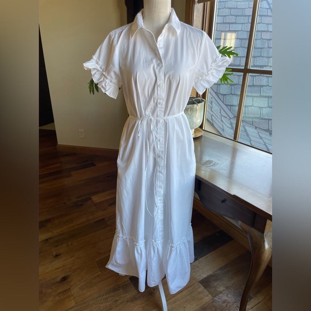 J. Crew White Ruffle Sleeve Amelia Maxi Shirt Dress in Cotton Poplin Size S - Picture 3 of 15